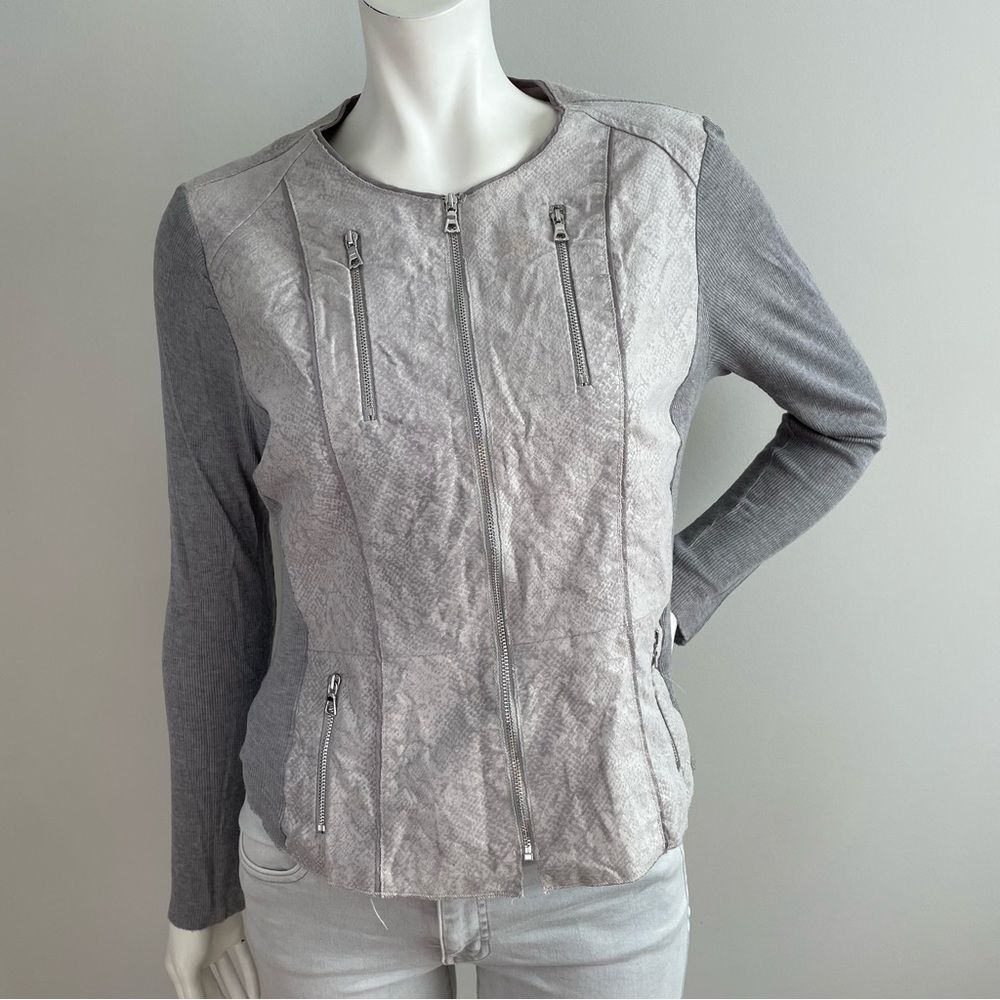 LOLA & SOPHIE Gray Snakeskin Print Cotton Silk Lightweight Blazer Moto Jacket